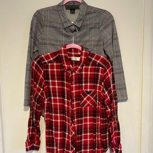 2 size medium plaid shirts - 1 b & w / 1 red with floral embroidery on sleeve.